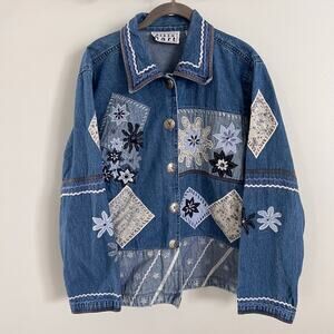 Vtg Keren Hart 100% Cotton Embroidered Denim Jacket Size XL